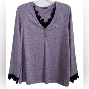 Shein Henley V-Neck Blouse Black Lace Trim Long Sleeve Purple Top Women XL